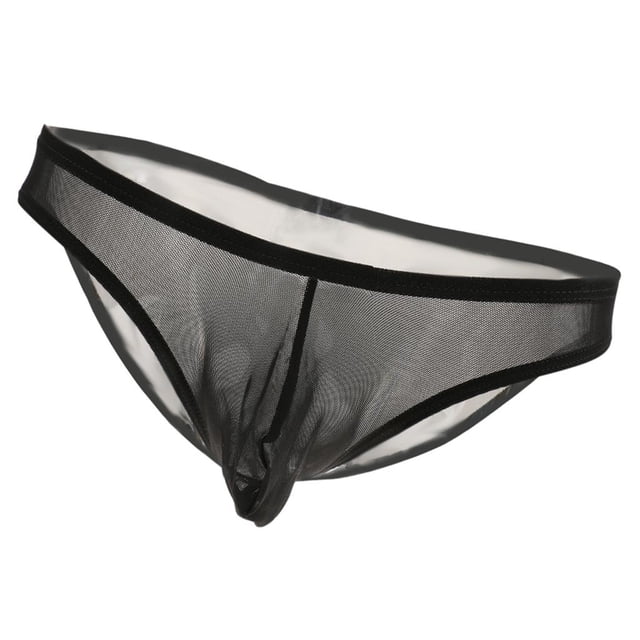 calzoncillos transparentes de malla para hombre, tangas, ropa interior transparente, bragas, calzoncillos — tanga jockstrap de malla negra, vista frontal centrada con cintura elástica estrecha y ribetes negros, tejido semitransparente (90% nylon, 10% spandex), talla M 34-36 cm indicada; fondo blanco neutro; a menudo usado como prenda para pareja.