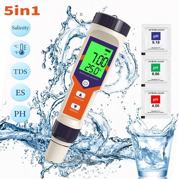 Wiher PH Tester Digital, 5-in-1Water Tester with LED Display Screen PH/TDS/EC/Salinity/Temp Meter for Drinking Water Swimming Pools Hydroponic Plants Aquariums Wine Making