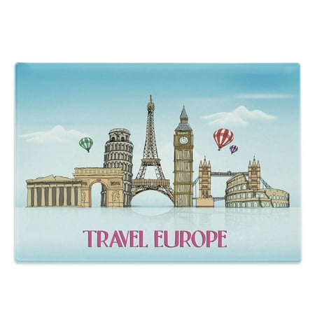 

Europe Cutting Board Travel Europe Words Famous Landmarks and Hot Air Balloons Hand Drawing Print Decorative Tempered Glass Cutting and Serving Board in 3 Sizes by Ambesonne