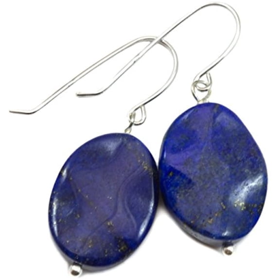 Sterling Silver Lapis Lazuli Blue Earrings Wavy Oval Cut Simple Drops Dark Blue Pyrite Flecks Designed for Adult Women