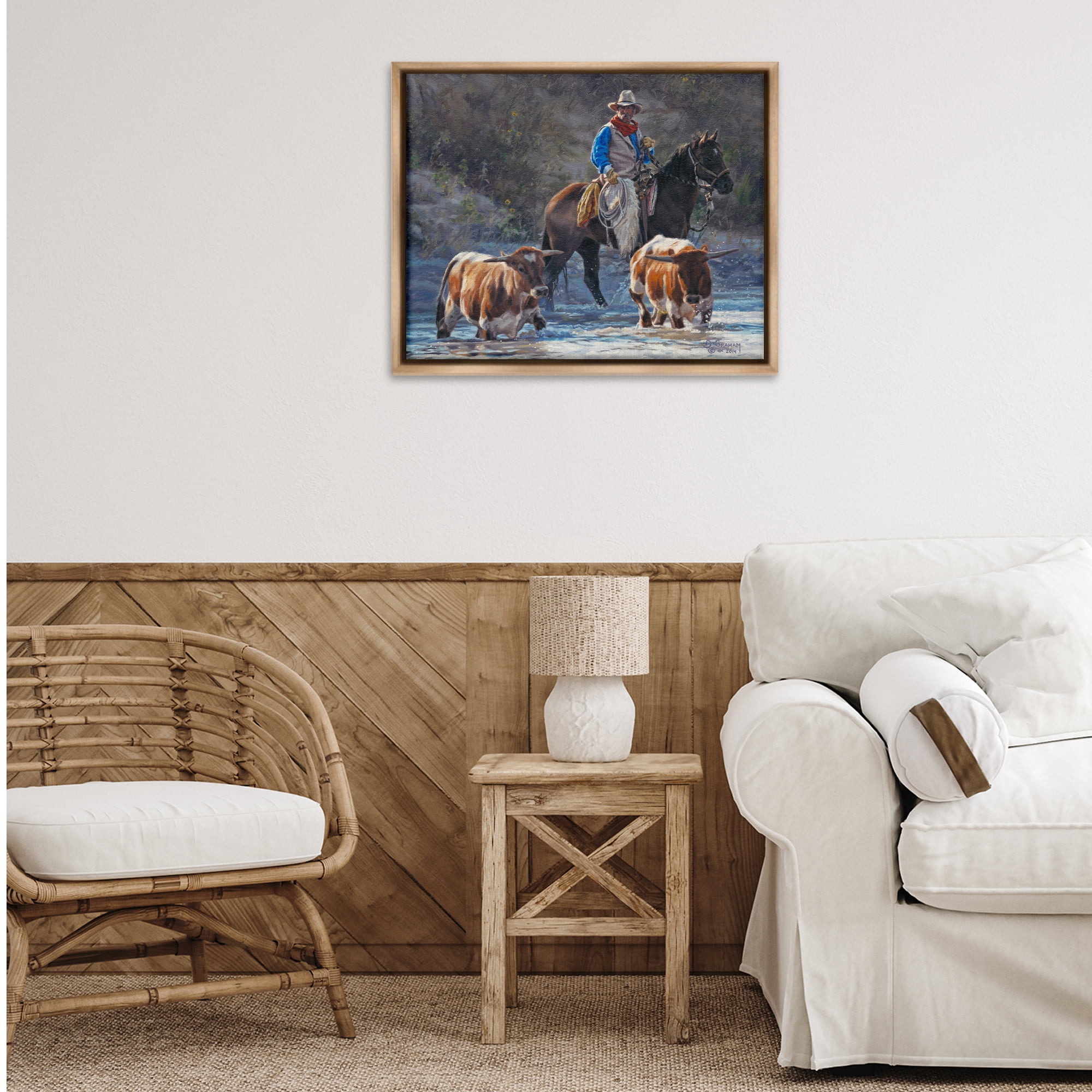 Stupell Industries Cowboy Crossing River Animals & Insects Painting Brown Floater Framed Canvas Art Print Wall Art, 31 x 25