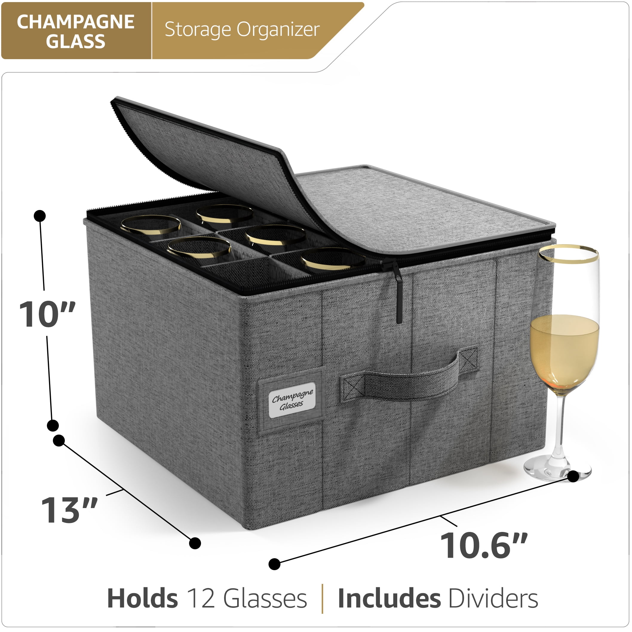 Sorbus China Storage Containers for Champagne Flute Glasses with Lid – Dinnerware Organizer Holds Service for 12 with Felt Protectors, Gray