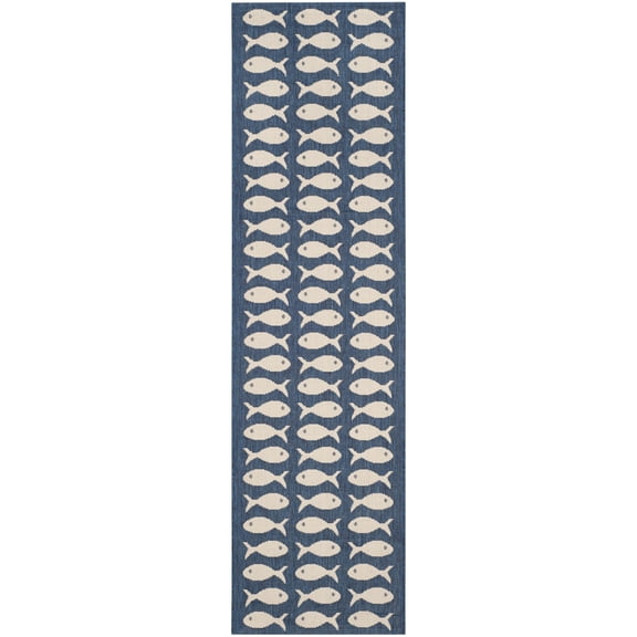 SAFAVIEH Courtyard Tranter Fishes Indoor/Outdoor Runner Rug, Navy/Beige, 2'3" x 8'