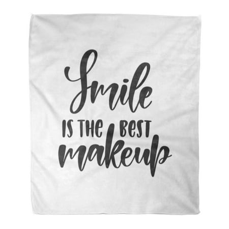 LADDKE Flannel Throw Blanket Phrase Motivational and Inspirational Quote Smile is The Best Makeup Calligraphic Black 58x80 Inch Lightweight Cozy Plush Fluffy Warm Fuzzy