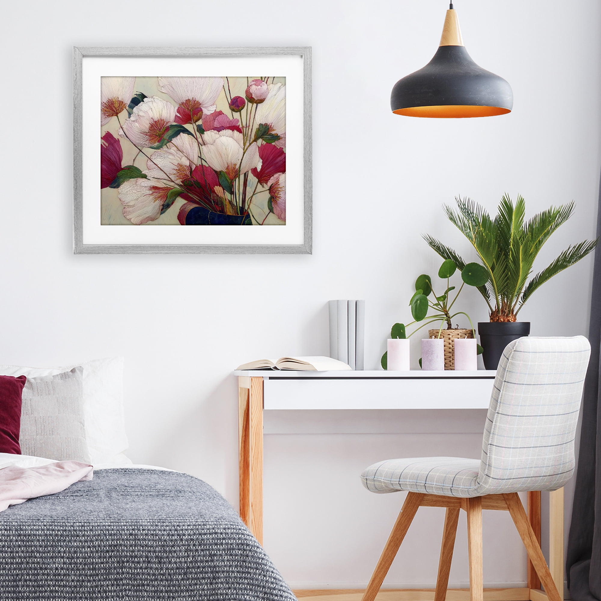 Lush Haiku Pink & White Flowers Gray Framed Print Under Glass, design by Annabelle Hall