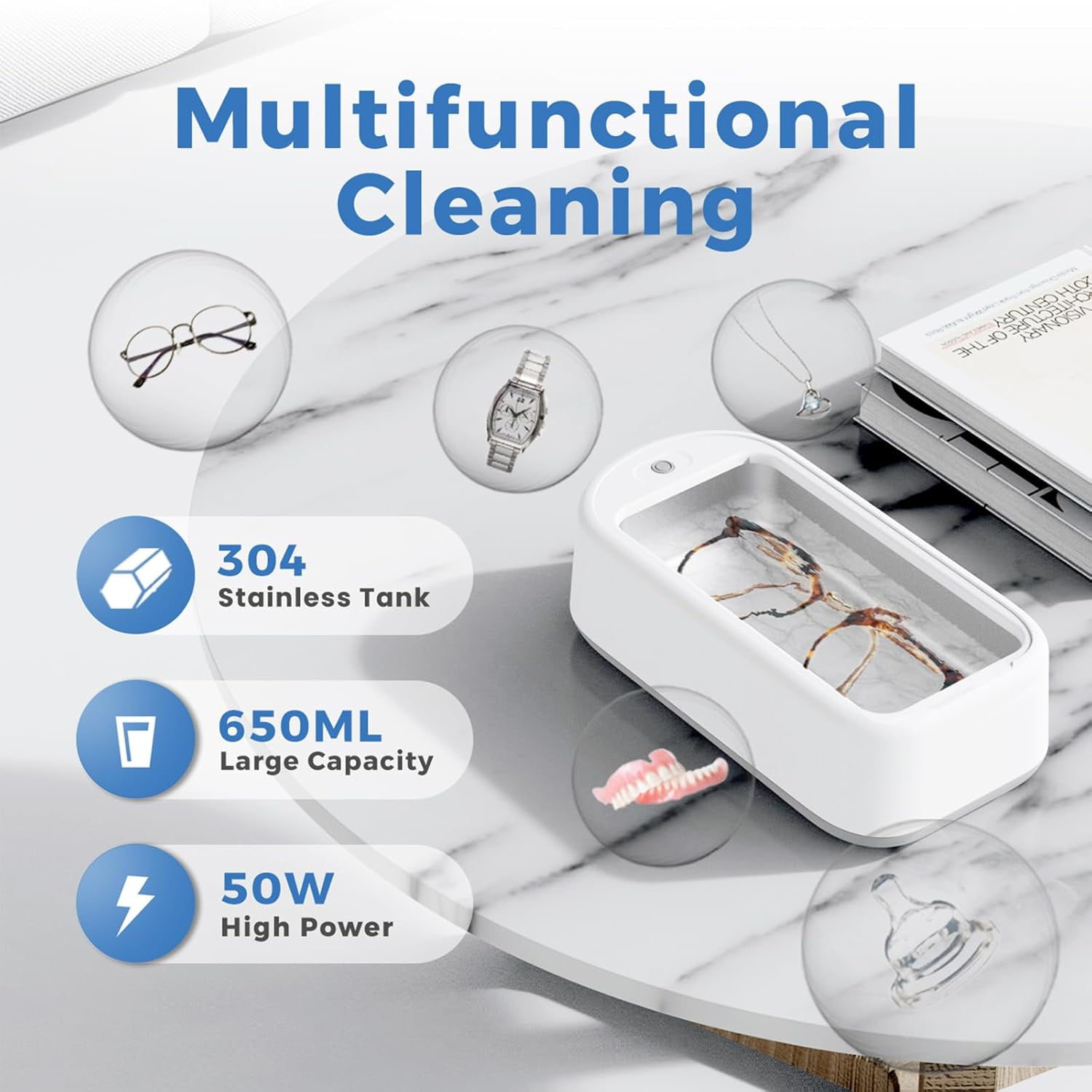 Ultrasonic Jewelry Cleaner, Ultrasonic Ring Cleaner Machine for Family Cleaning, Earrings, Glasses, Jewelry, Rings, Dentures