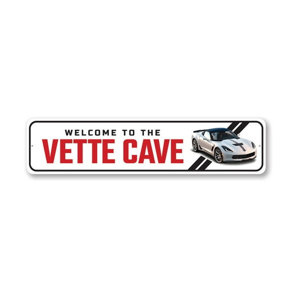 Welcome To The Vette Cave, Chevy Corvette Metal Sign, Novelty Car Sign, Garage Decor - 4x18 inches