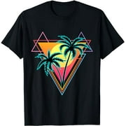 Retro 1980s 1990s Vaporwave Palm Trees Sunset Beach Art T-Shirt