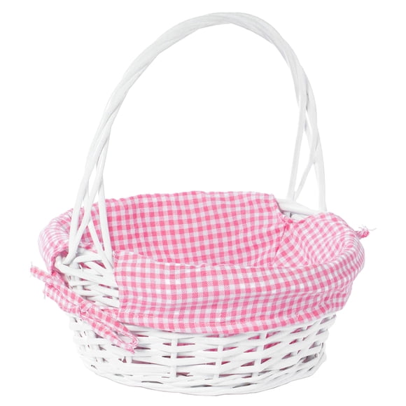 Panier-cadeau Rond en Osier Blanc, avec Doublure en Vichy Rose et Poignée - Petit