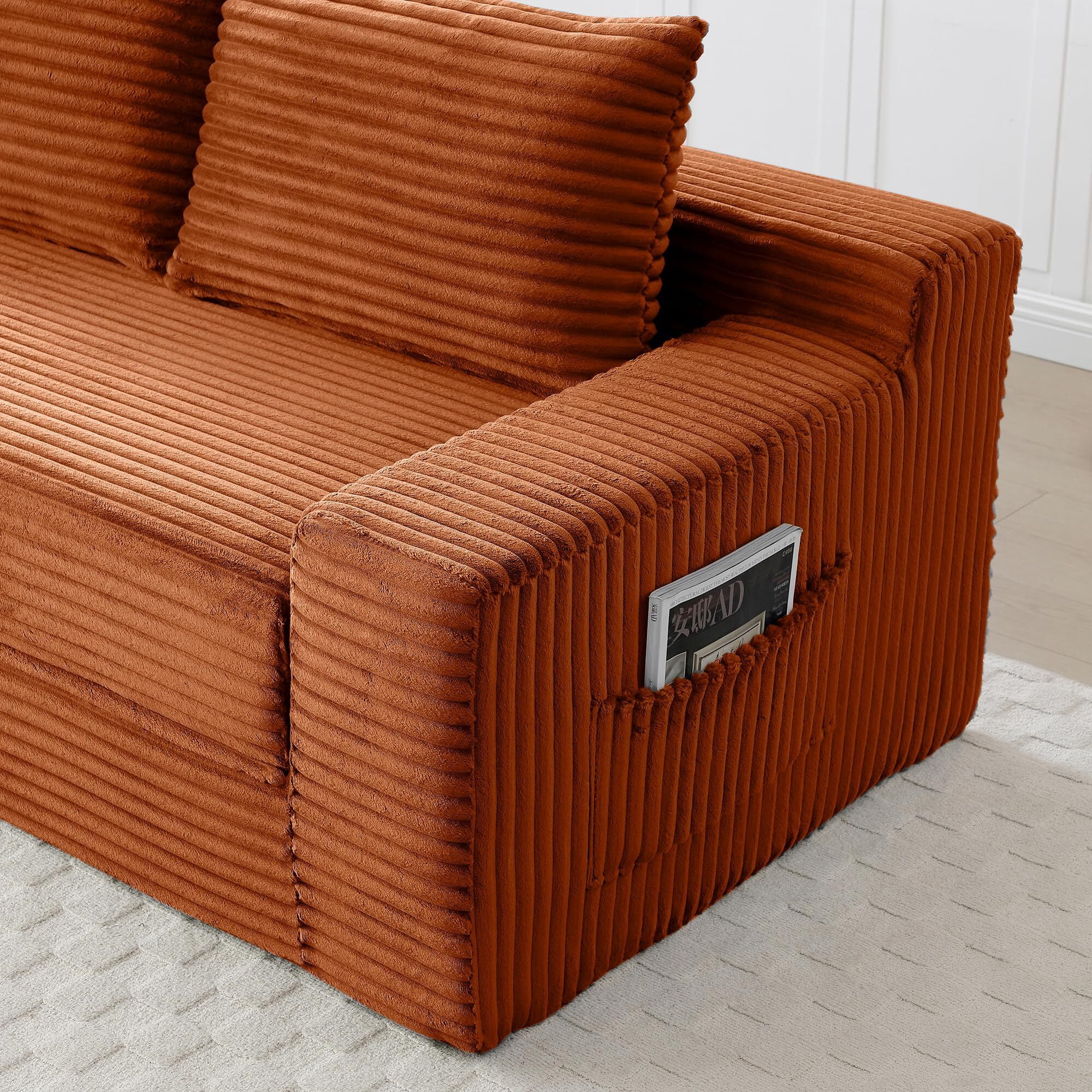 Howcool 73" Convertible Sofa Bed, Foldable Floor Couch, Boneless Foam Sleeper Sofa with Pull-Out Design, Corduroy Lazy Couch, No Assembly, Space Saving for Apartment Dorm Living Room, Orange