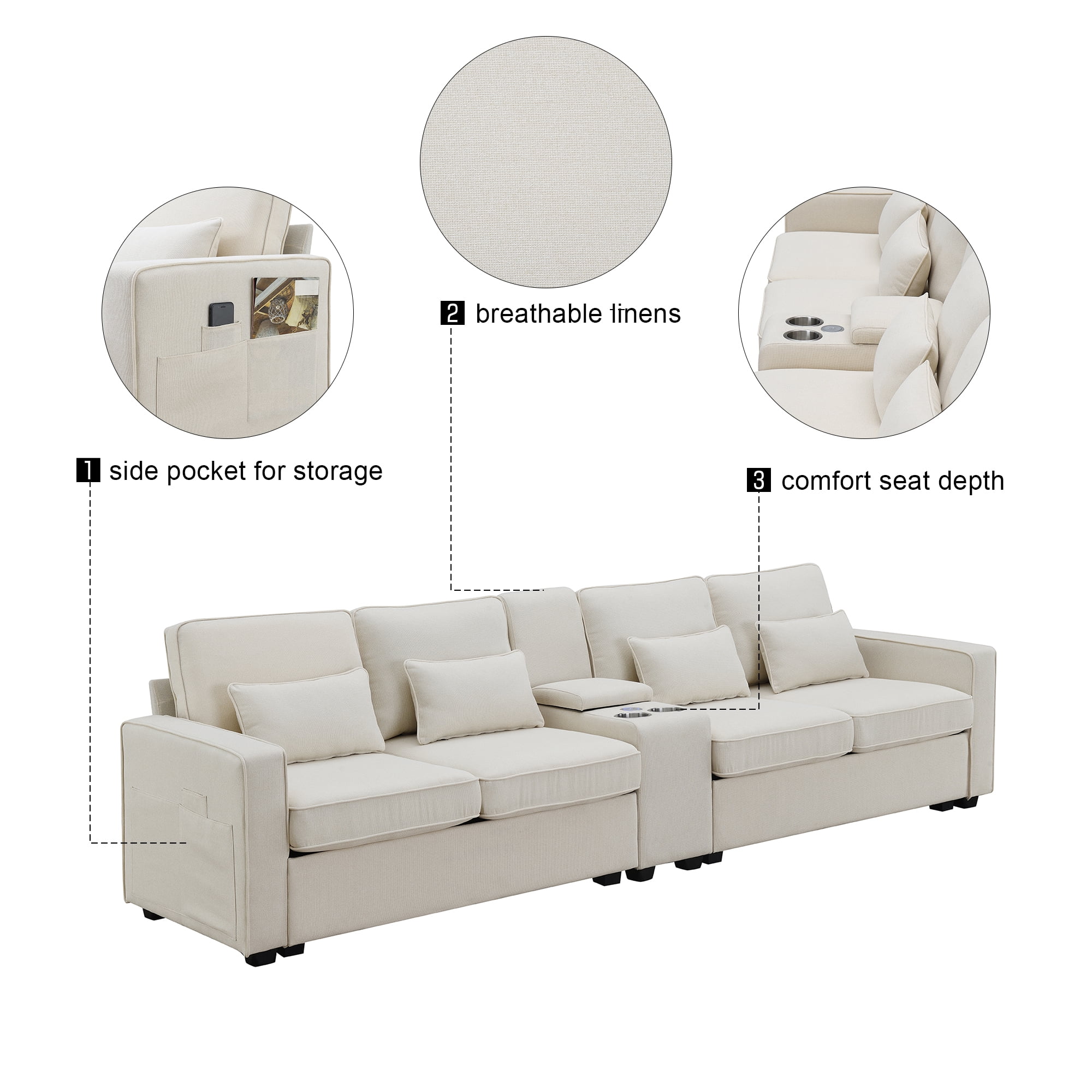 Upholstered Sectional Sofa with Console,114.2inch Modern 4 Seater Sofa Fabric Sofa with 4 Pillows and 2 Cup Holders and 2 USB Ports for Living Room, Apartment, Office,Beige