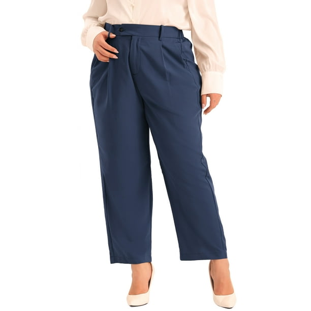 Pantalones de trabajo de oficina de talla grande plisados Agnes Orinda para mujer, de cintura alta, rectos, casuales de negocios con bolsillo 1X azul oscuro