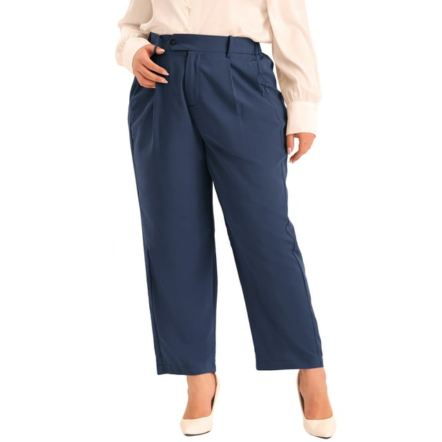 Pantalones de trabajo de oficina de talla grande plisados Agnes Orinda para mujer, de cintura alta, rectos, casuales de negocios con bolsillo 1X azul oscuro