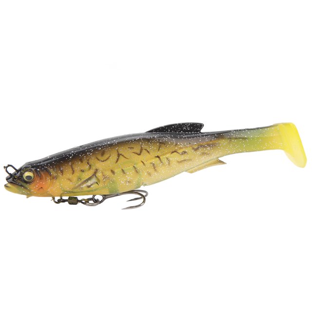 12,5 cm 21 g Señuelos de pesca Cebos de pesca de silicona Cola en T Anillo giratorio vívido Magnético con anzuelos triples para agua dulce Agua salada Espalda negra Cola amarilla