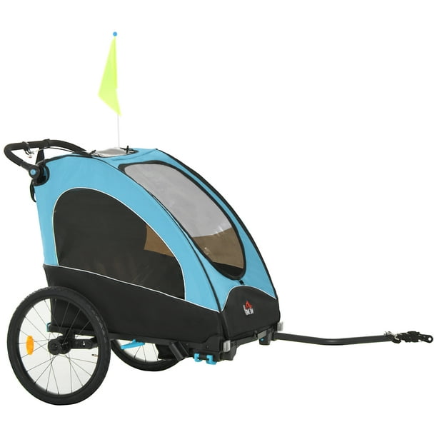 Aosom Child Bike Trailer 3 In1 Foldable Jogger 2-Seater Pushcar Transport Buggy Carrier with Shock Absorber System Rubber Tires Adjustable Handlebar