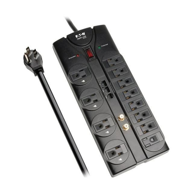 Eaton Tripp Lite TLP1208SAT Home Theater Surge Protector Power Strip, 12 Outlets, Flat Plug 8ft Extension Cord, 2880 Joules Coax,
