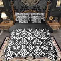 Manfei Vintage Black White Damask 7pcs Bedding Comforter Set, Tribal Mandala Flower Floral Queen Bedding Sets, Teens Adult Female Reversible Queen Sheet Sets, Luxury Bedroom Decor