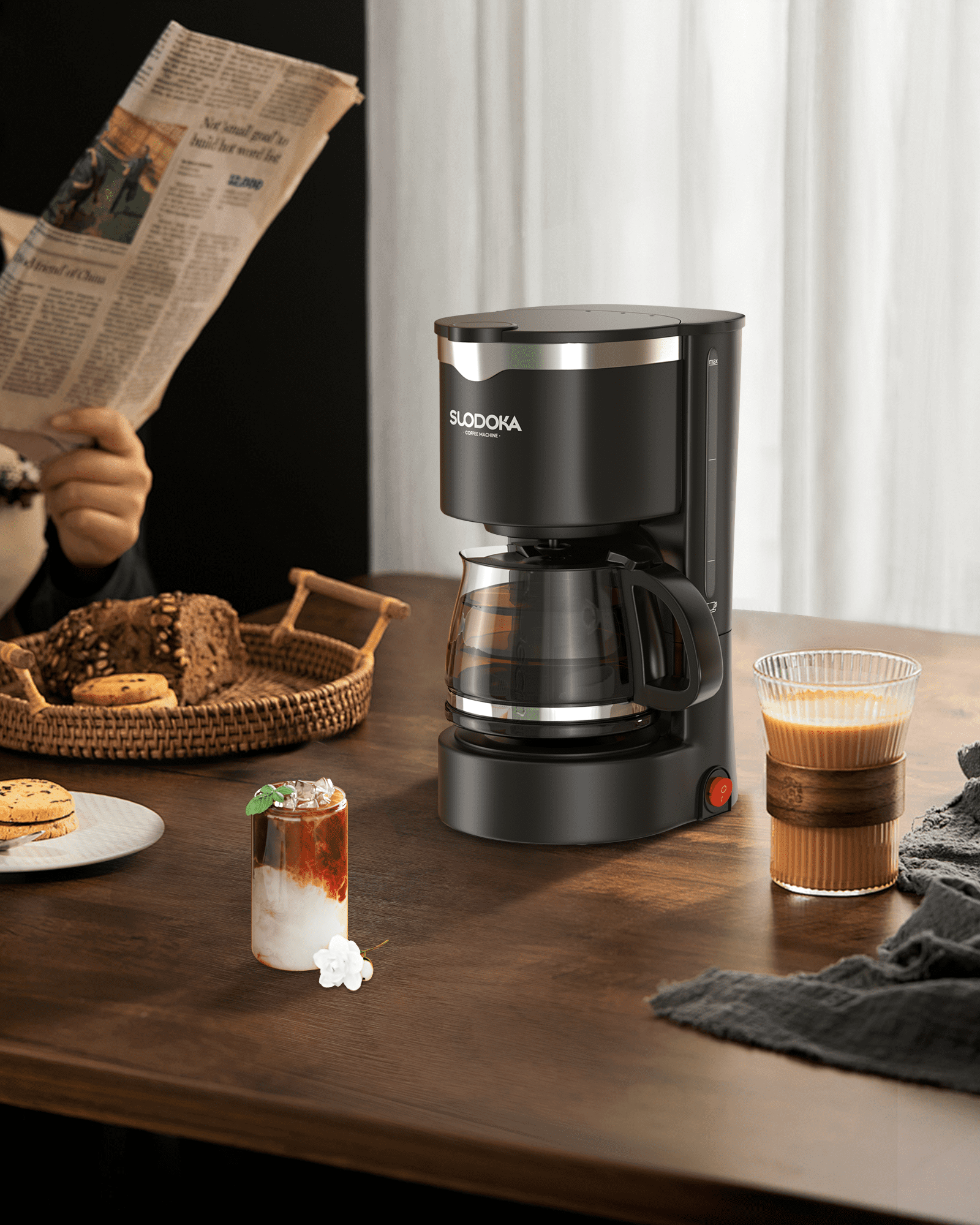 Suodoka Drip Coffee Maker, Easy Brew Compact Size, with Glass Carafe, Removable Filter, Black, New