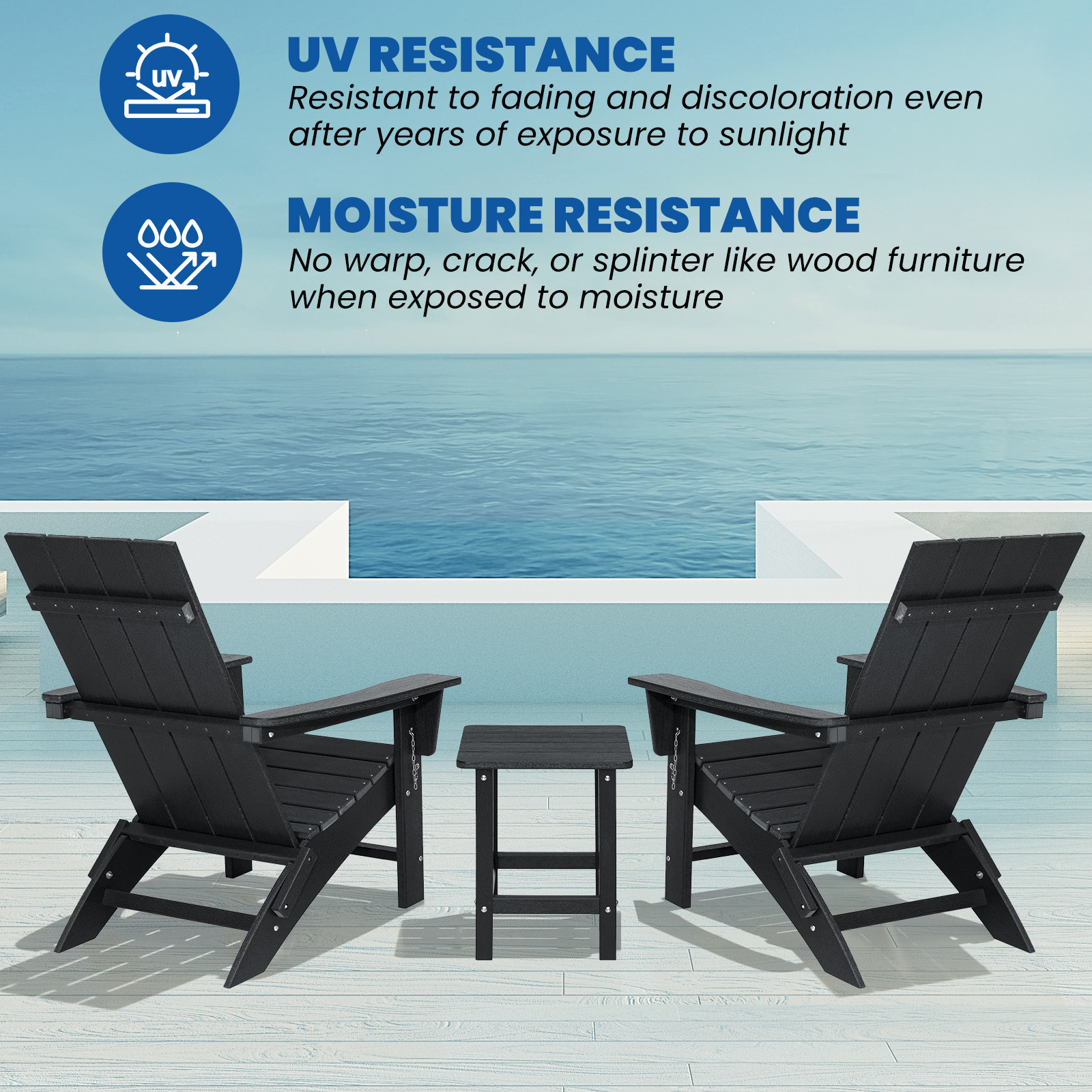 Garpans Folding Adirondack Chair Set with Side Table HDPE All Wheather Outdoor Foldable Adirondack Chair Table Set Patio Chairs with Table for Outside Garden Pool Front Porch Deck Fire Pit