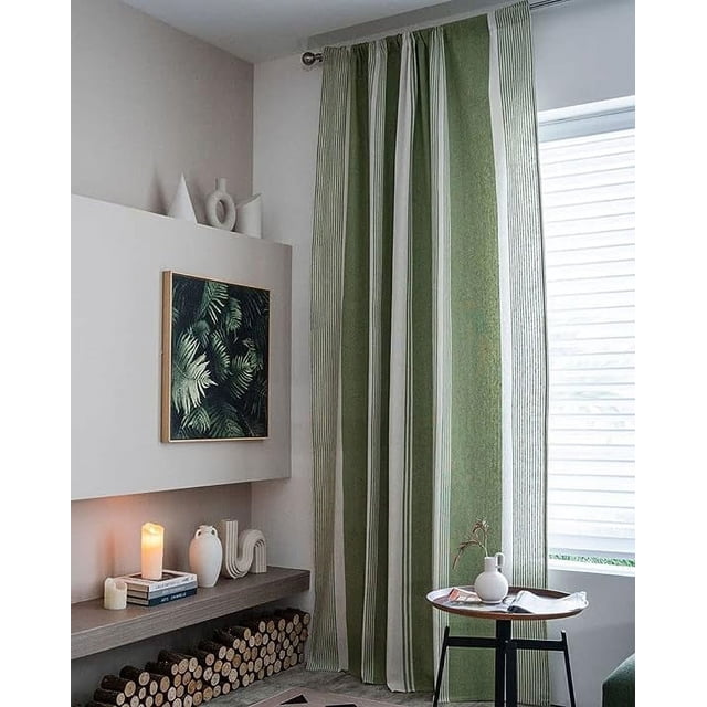 Nvzi Cortina de lino y algodón a rayas para ventana, estilo rústico, para oscurecer la habitación, con bolsillo para barra, para dormitorio y sala de estar, 1 pieza (verde, 59 x 102 pulgadas)