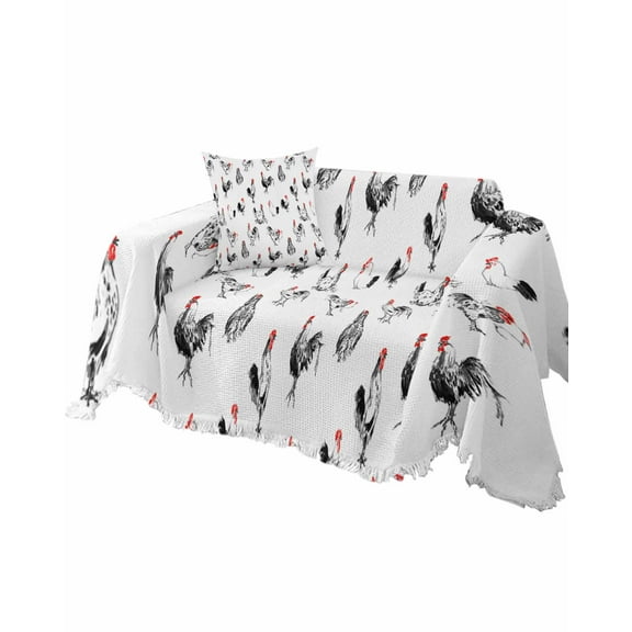Rooster Black Sofa Couch Covers for Dog,Washable Sectional Couch Slipcovers for Loveseat with Tassels,Country Farm Animal Hen White Watercolor Non Slip Sofa Throw Cover Blanket Large 71''x102''