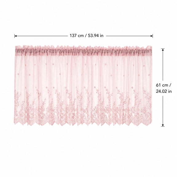 Short Window Curtains for Bathroom Small Window 137X61Cm Rod Pocket Semi Sheer Cafe Drapery with Elegant Blue Lace Floral Border Living Room Kitchen Sink Window Tier Single Panel Pink