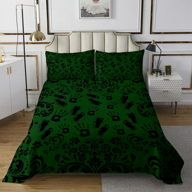 Erosebridal Gothic Halloween Coverlet Set Queen, Green Damask Bedding Set, Hand Foot Print Reversible Bed Set, Microfiber Room Decor, 3pcs