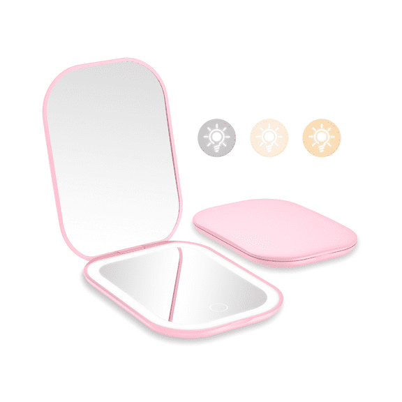 Gospire Ultra-Slim Lighted Travel Makeup Mirror with Lights and Magnification, Rechargeable 3X Magnifying Mirror with 3 Light Colors & Adjustable Brightness, LED Compact Mirror for Purses - Pink