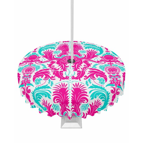 Fsddascl Pink Teal Abstract Outdoor Tablecloth - 60 Inch Round Dining Table Cover, Ethnic Modern Geometric Aesthetics Waterproof Outdoor Table Cloth with Umbrella Hole & Zipper for Picnic/Patio