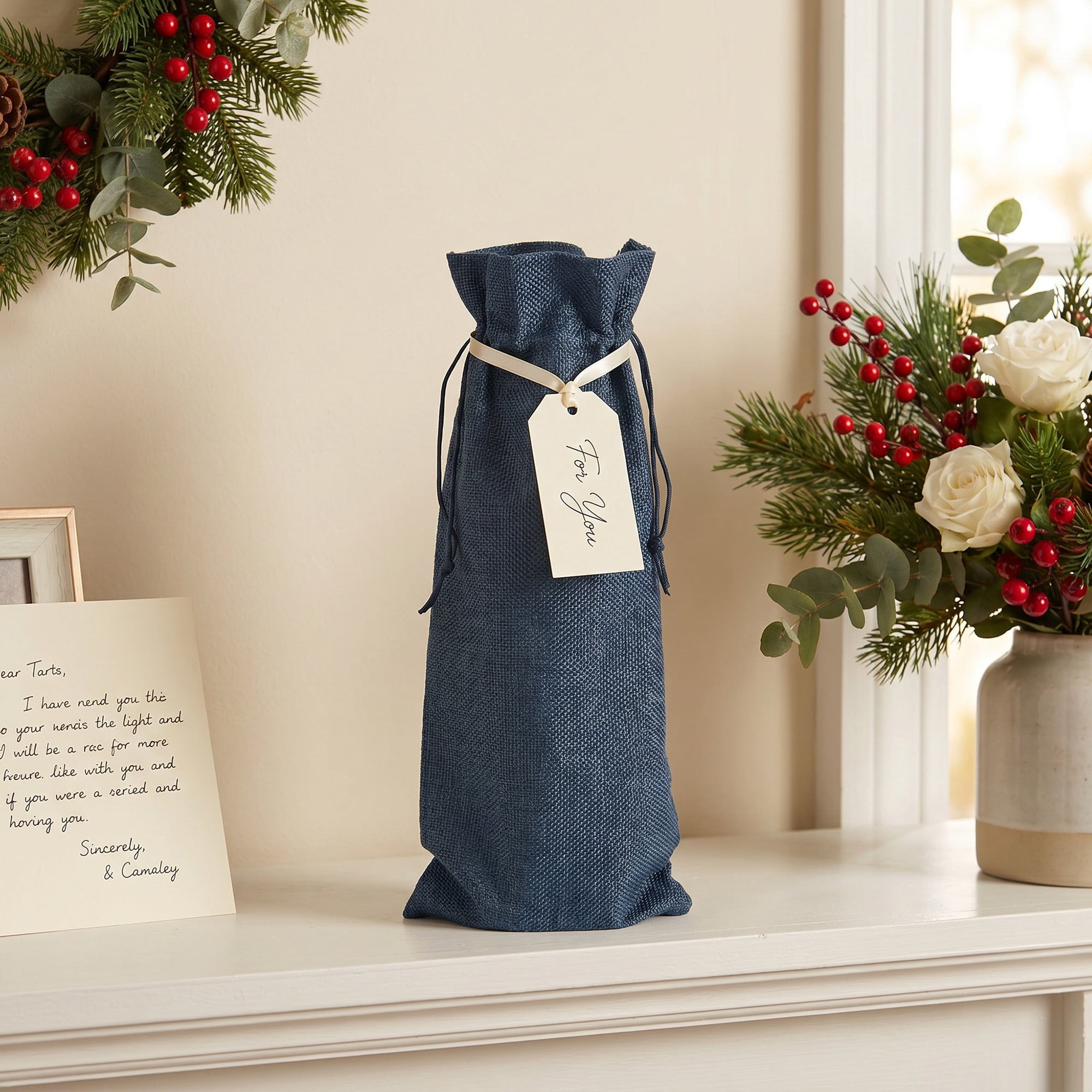 Unique Bargains Elegant Single Wine Bottle Gift Bags with Handles Dark Navy 5.9" x 13.8"