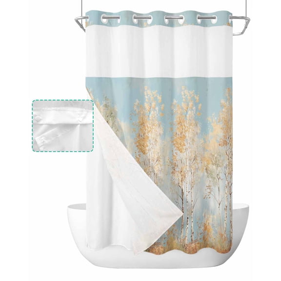 No Hook Shower Curtain with Snap in Liner, Brown Trees Forest Impressionist Oil Painting Art Hotel Shower Curtains for Bathroom, Washable Shower Curtain Liner Set with Mesh Top Window, 54"x78"