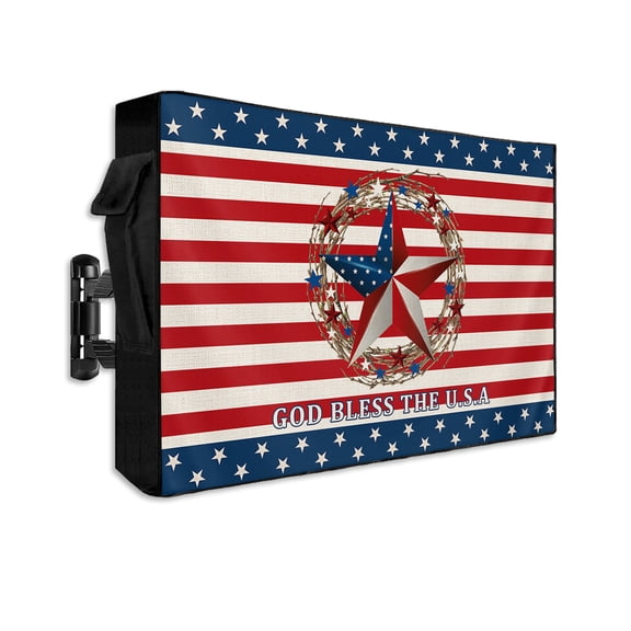 4th of July Country Star Outdoor TV Cover 60 to 65 Inch Weatherproof, Independence Day Red Striped 600D Oxford TV Covers with Waterproof Zipper, Outside Flat TV Screen Protector Size 58"Wx37"Hx4.5"D
