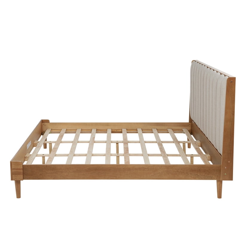 King Size Wood Bed Frame with Piano Key Designed Upholstered Tall Headboard, Low-Profile Platform Bed with Under-Bed Space