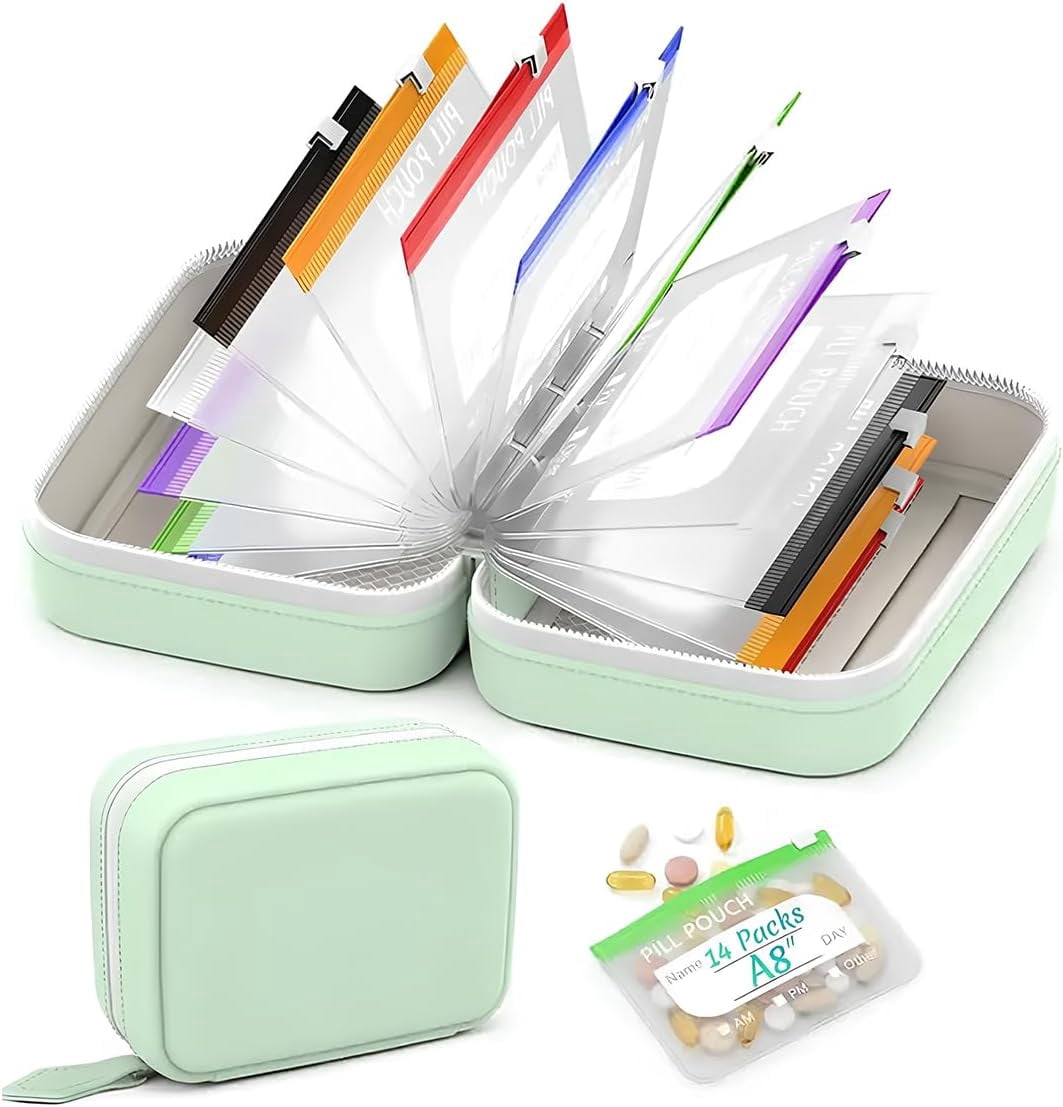 Waterproof Pill Pouch Set, Reusable A8 Waterproof Pill Pouch with 14 Color-Coded Bags Portable Travel Pill Organizer Pouches Large Weekly Pill Organizer for Travel Purse Daily Use (Black)