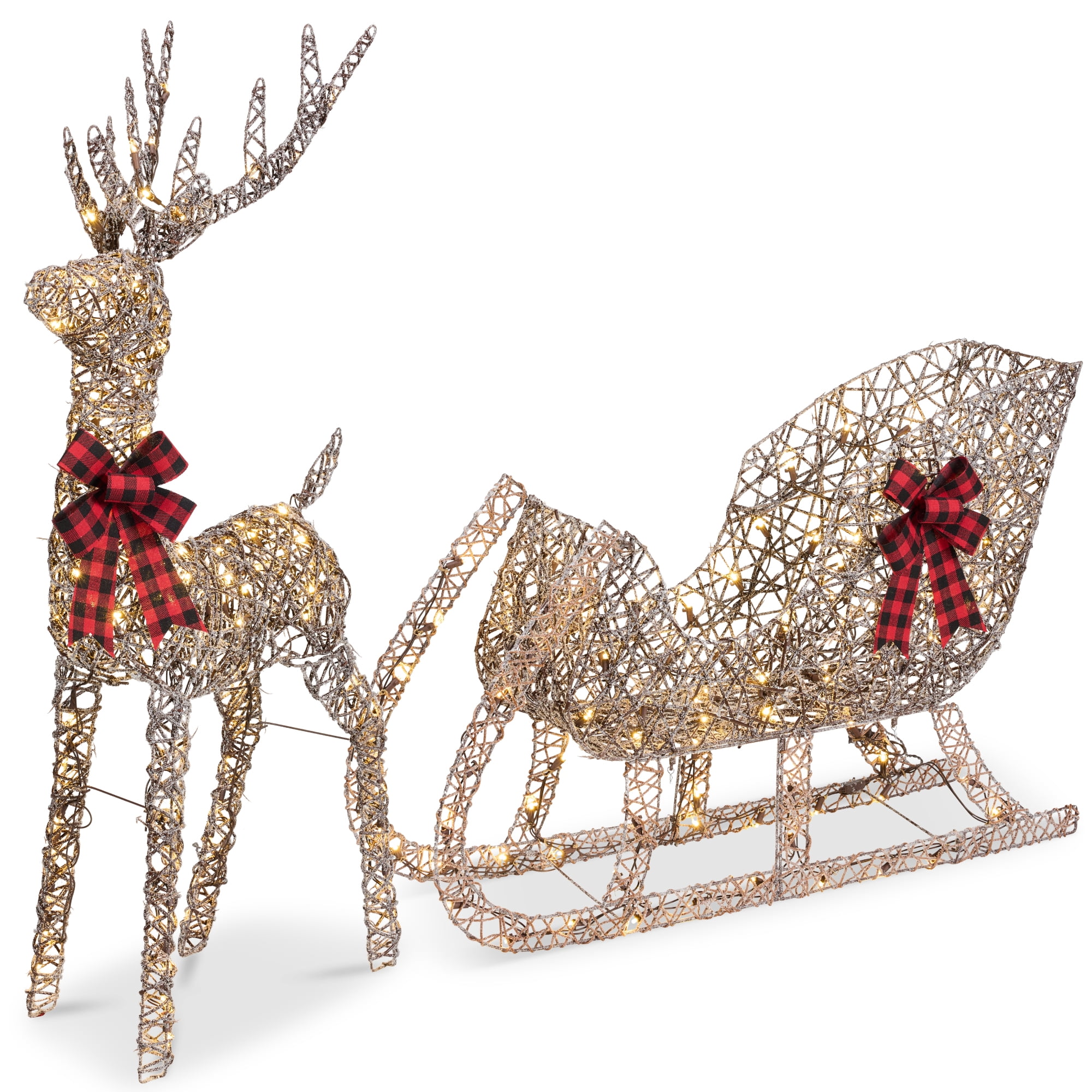 Best Choice Products XL Lighted Christmas 5ft Reindeer & Sleigh Holiday Outdoor Decor Set w/265 LED Lights - Rattan