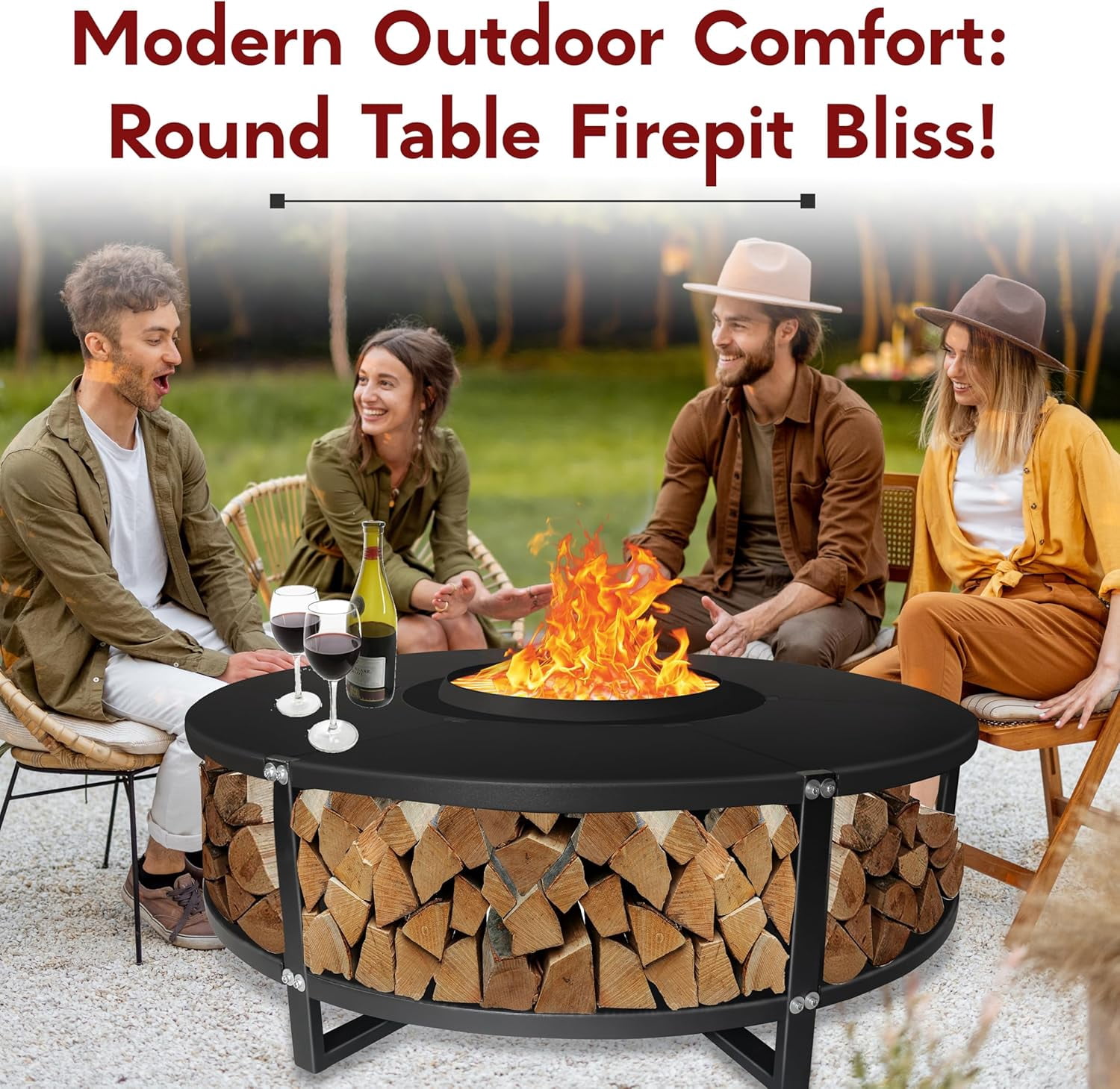 21.6" Smokeless Fire Pit with Round Tabletop and Firewood Storage Shelf - Durable Carbon Steel Bonfire Fire Pit - Smokeless Fire Pits for Outside Gathering
