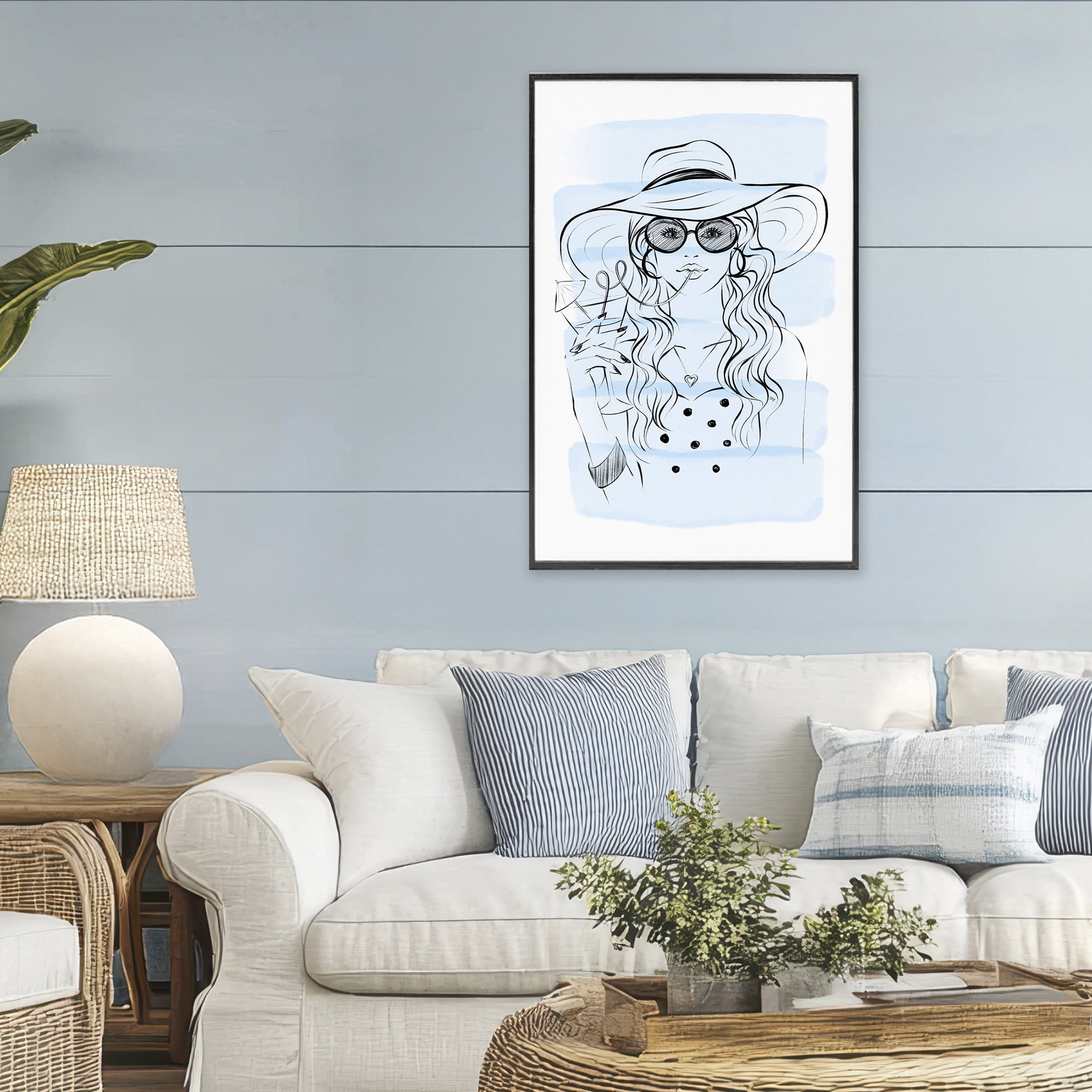 Stupell Industries Sipping Drink Girl in Sun Hat Black Framed Giclee Art, design by Martina Pavlova