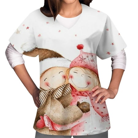 

Womens Working Uniform Tops Short Sleeve V Neck Xmas Tee Tops Christmas t Shirt Printed Scrub Tops Blouse Tops