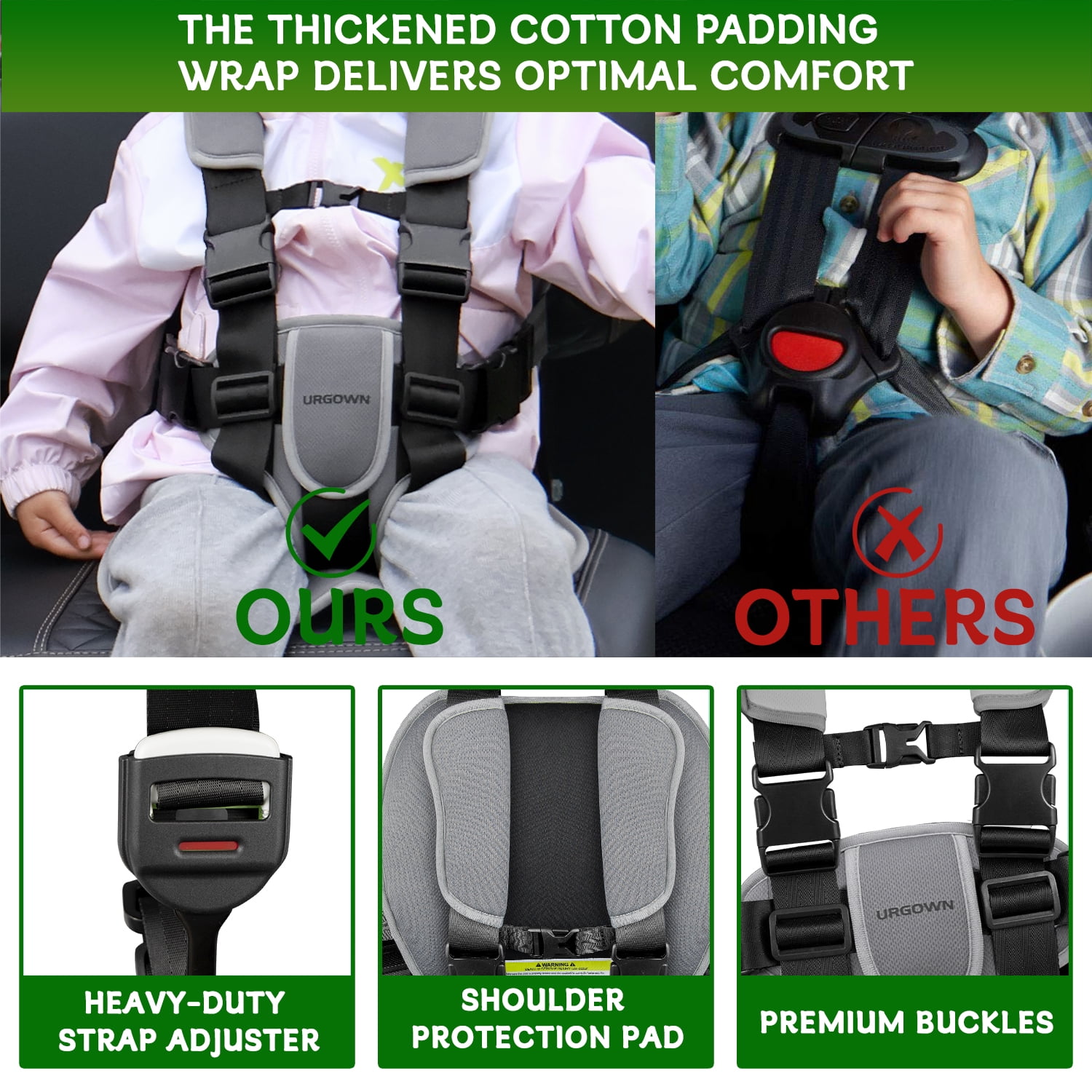Golf Cart Seat Cushion/Positioner, 5-Point Adjustable Safety Harness, Gray