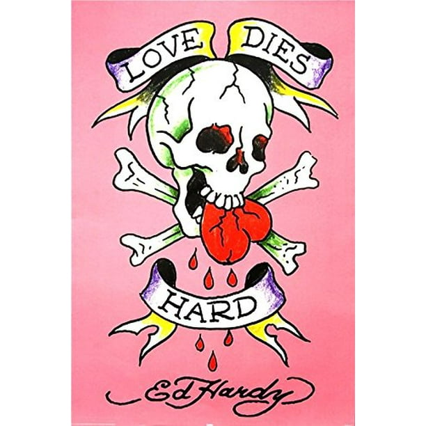 Ed Hardy Love Dies Hard 36x24 Tattoo Art Print Poster Skull Eating Red