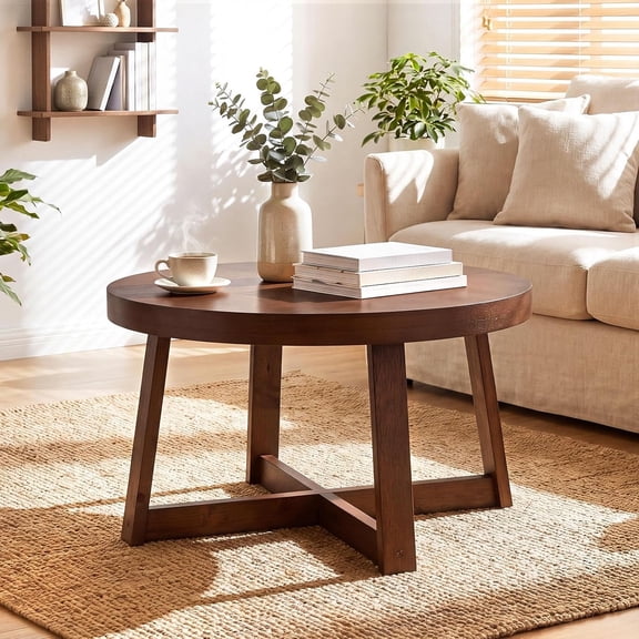 Round Coffee Table, 30" Wood Center Table for Living Room, Walnut