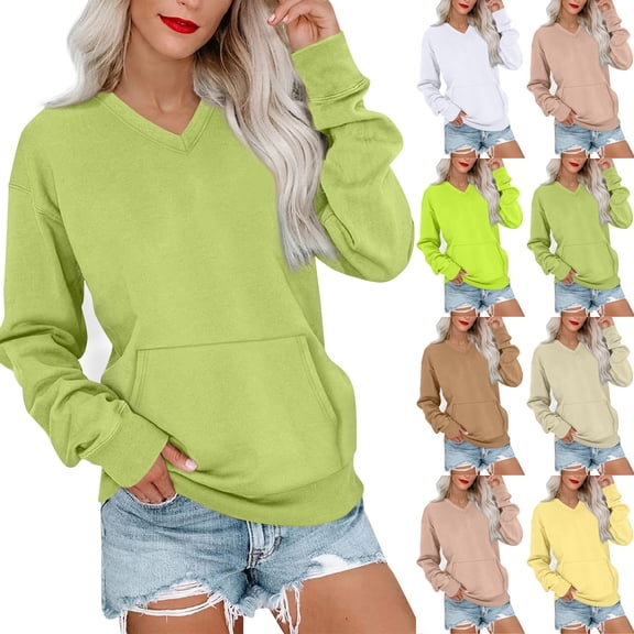 V Neck Sweatshirt Women with Pocket Fleece Long Sleeve Oversized Sweatshirt Fall Y2k Comfort Hoodies Pullover Sweaters Light Brown S