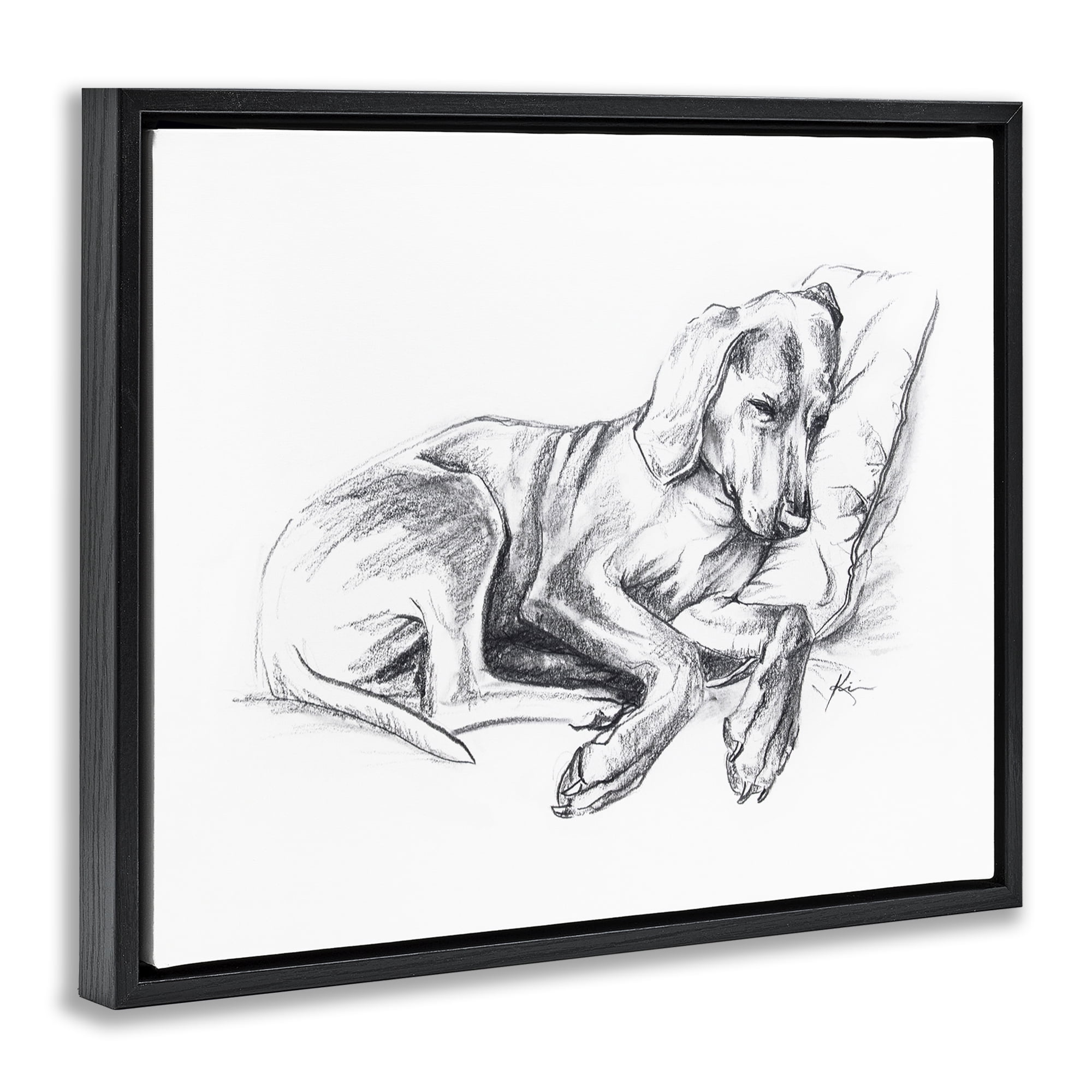 Stupell Industries Napping Dog Drawing Animals Drawing Black Floater Framed Canvas Art Print Wall Art, 31 x 25