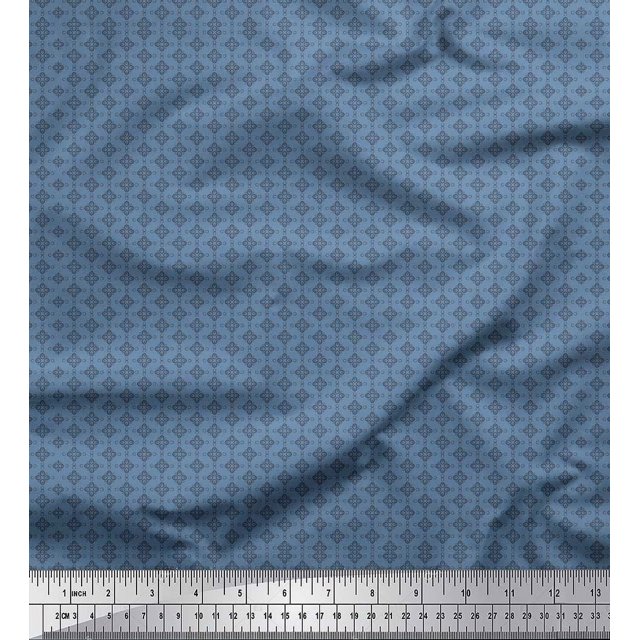 Soimoi Blue polyester Crepe Fabric Flower Geometric Print Fabric by the Yard 52 Inch Wide