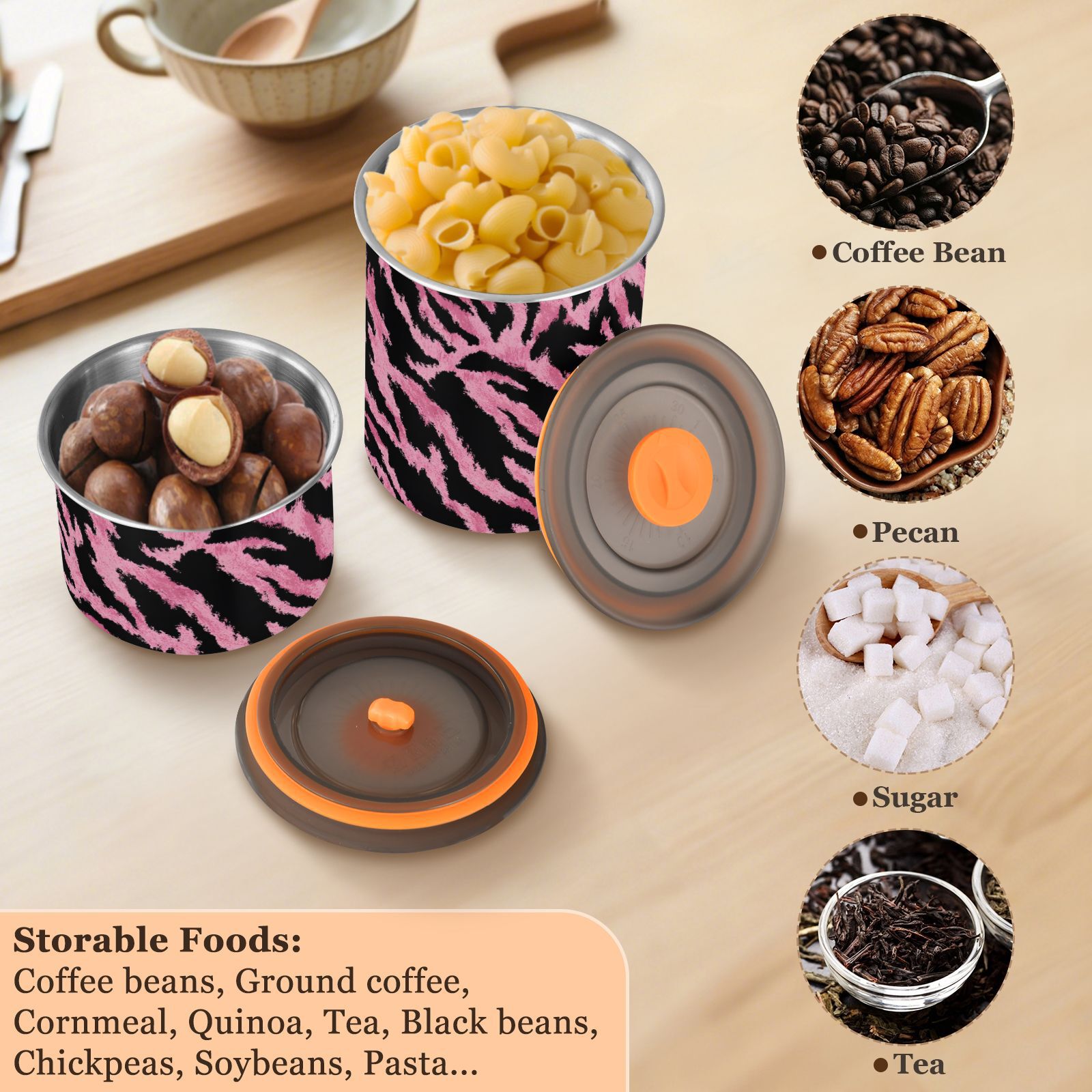 Pink Black Tiger Print Airtight Coffee Bean Canister 30oz Food Storage Containers with Lids For Gournd, Tea, Sugar, Flour, Rice, Cereal, Candy Cookie Jar