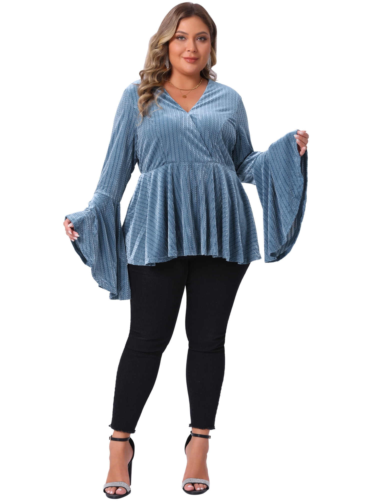 DARING DIVA Women's Plus Velvet  Faux Wrap V Neck Bell Blouse 1X Blue