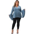 thumbnail image 3 of DARING DIVA Women's Plus Velvet  Faux Wrap V Neck Bell Blouse 1X Blue, 3 of 5