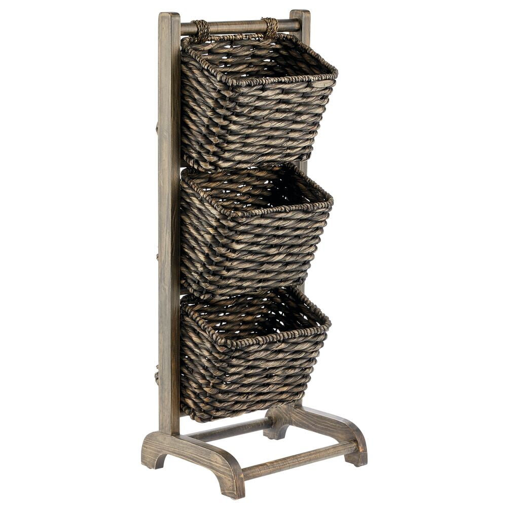 mDesign Wood Tiered Storage Baskets Shelf Stand with 3 Decorative Storage Bins for Organizing