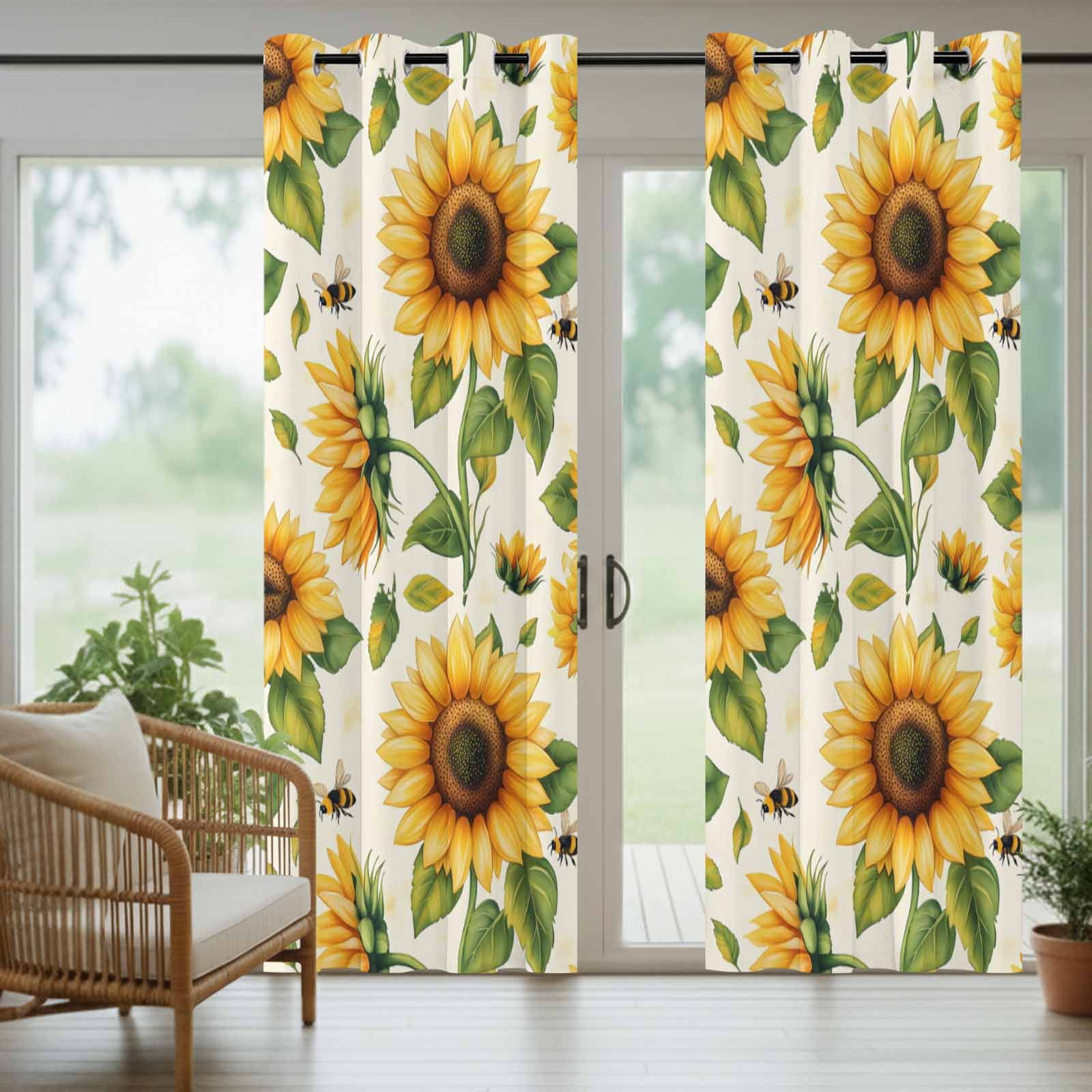 Summer Floral Outdoor Curtains for Patio, Watercolor Flowers Romantic Sunflower Farmhouse Bee Waterproof Outside Curtains Privacy Blackout Curtain for Porch Pergola Cabana, 1 Panel 54W x 84L Inch