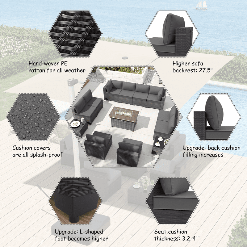 ALAULM 8 Pcs Patio Furniture Set withStainless Steel Gas Fire Pit Table, Brown/Gray